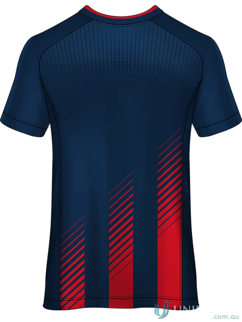 Blue and red athletic shirt from TS140 Custom T-Shirt, perfect for custom made sublimated sports fabric gear