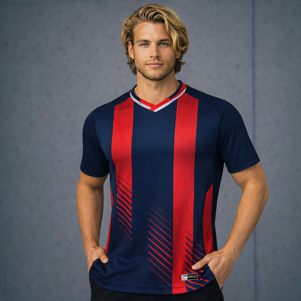 TS140 custom made sublimated navy blue red striped jersey in sports fabric