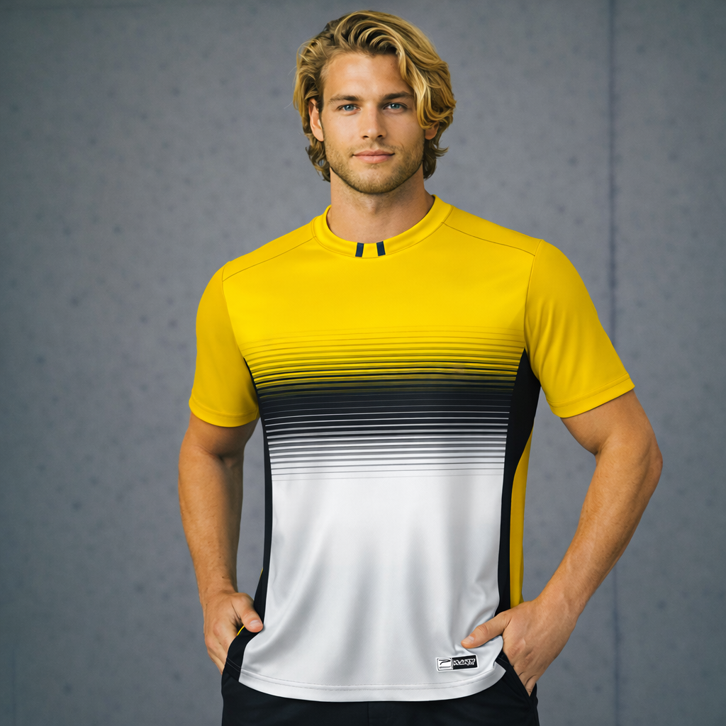 TS141 yellow black white gradient custom made sublimated sports fabric t-shirt