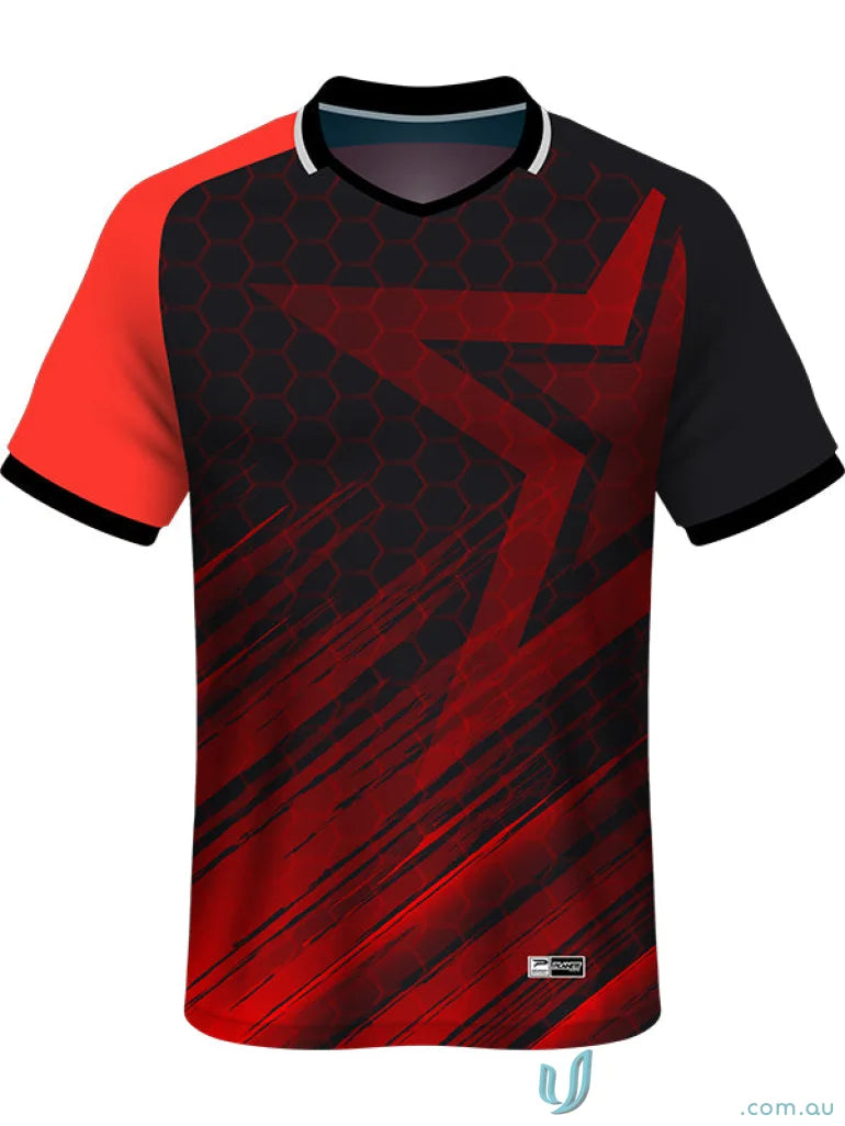 Red and black star-themed jersey from TS142 Custom T-Shirt, showcasing sublimated garments brings sporty style