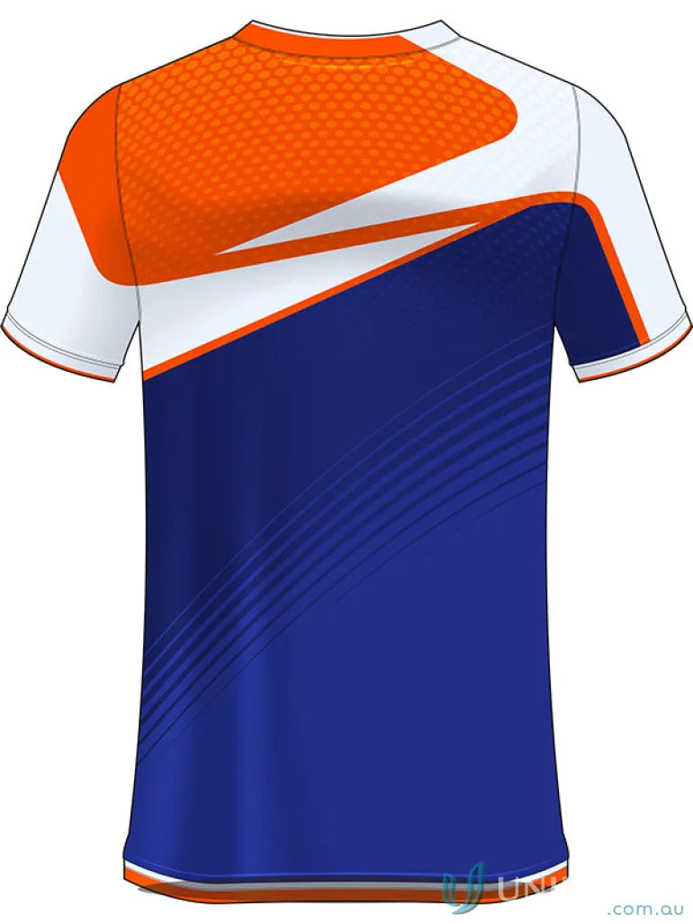Blue and orange patterned t-shirt from TS143 custom made sublimated garments line
