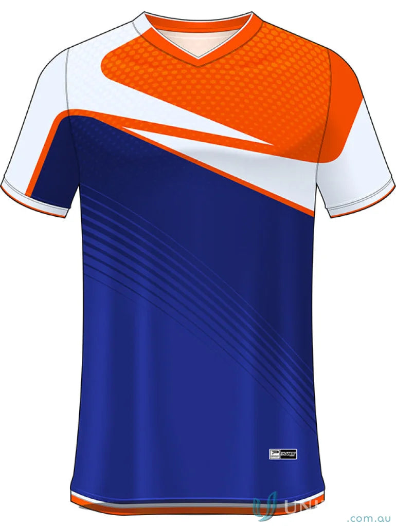 Orange white and blue soccer jersey from TS143 custom sublimated garments brings style