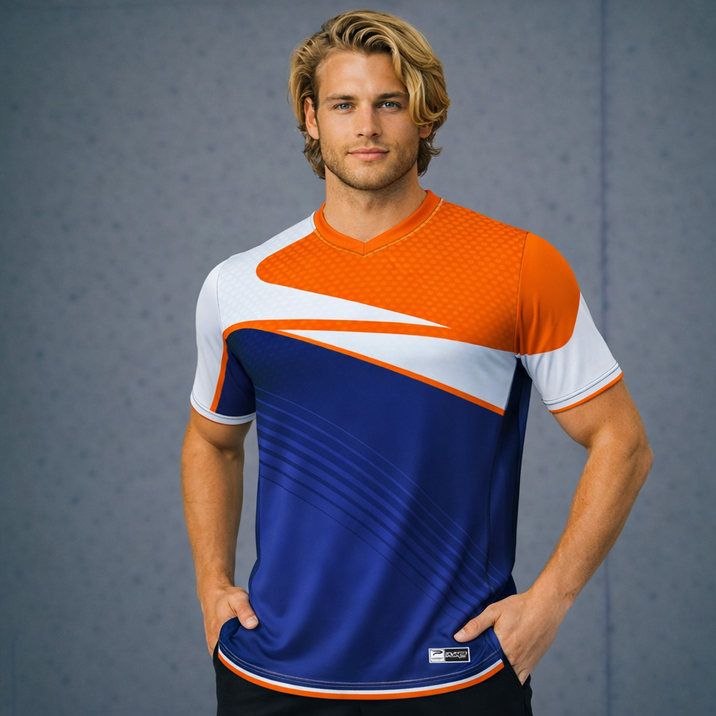 TS143 custom made sublimated jersey in orange, white, blue stripes