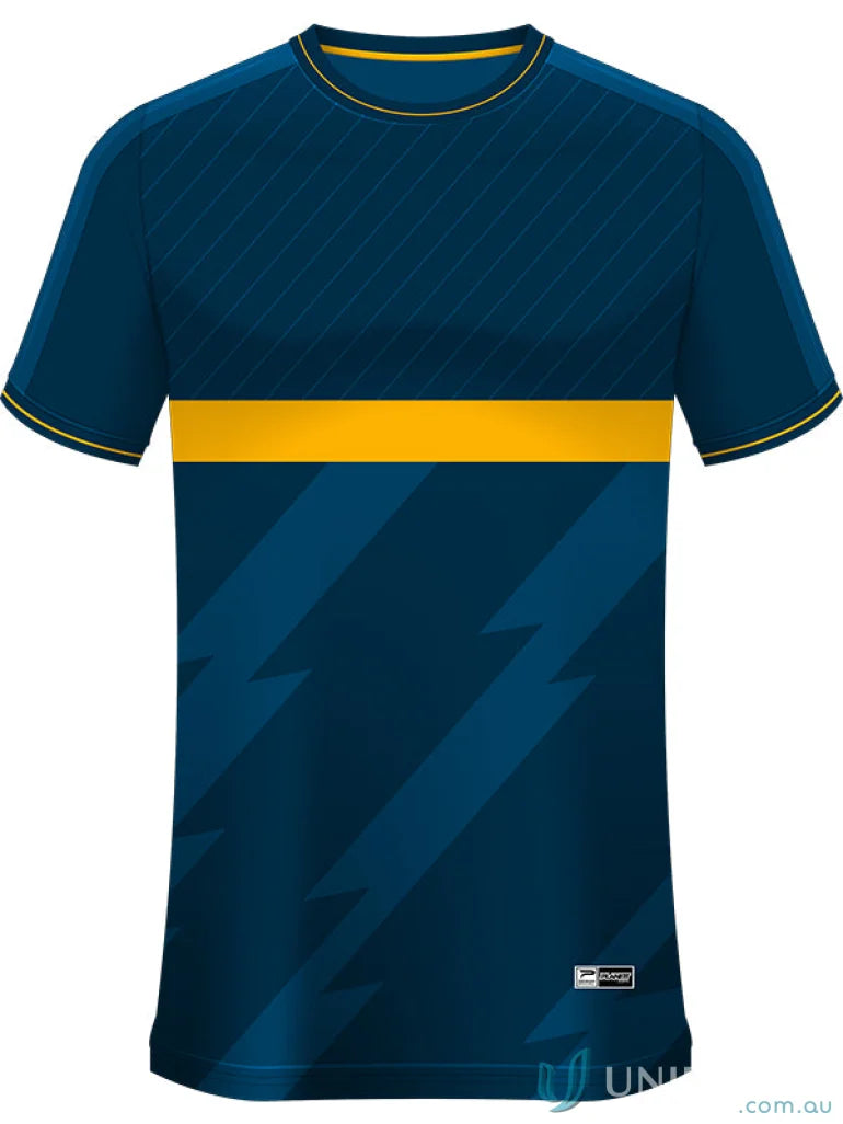 Blue and yellow athletic shirt from TS144 Custom T-Shirt, perfect for sublimated sports fabric