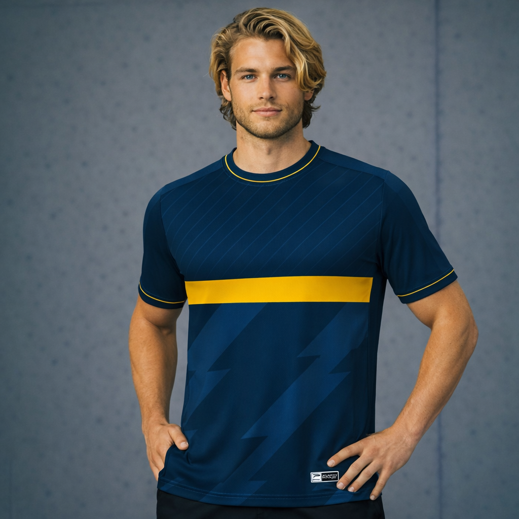 TS144 custom t-shirt in navy blue with yellow stripe on sublimated sports fabric