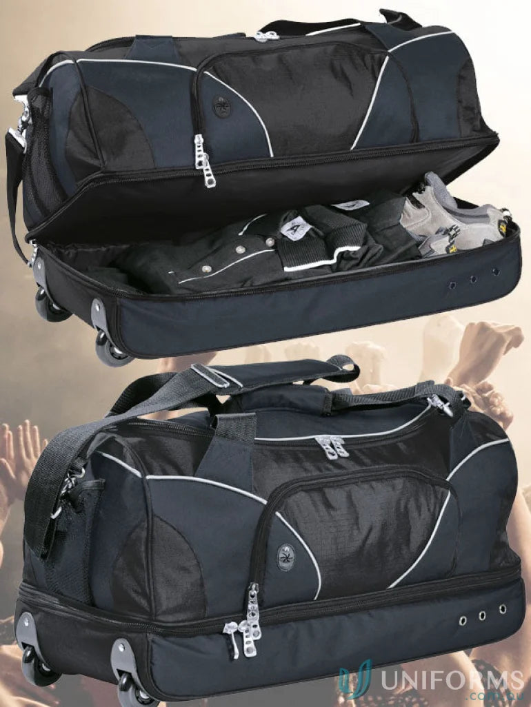Black rolling duffel bag from Turbulence Bag for orders requiring durable uniforms