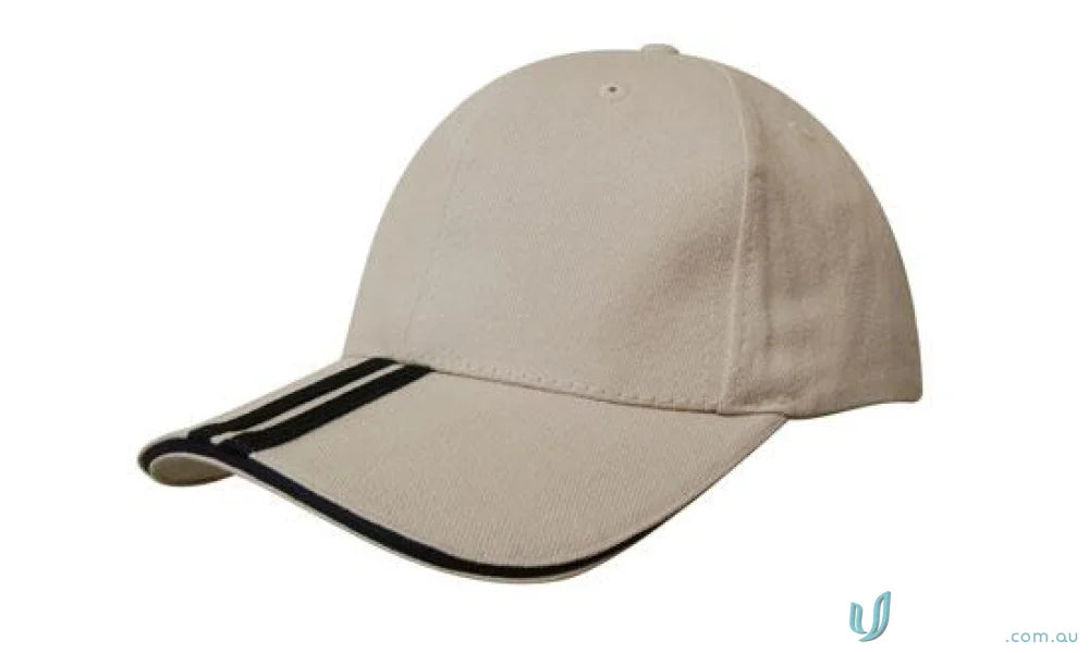 Beige baseball cap with two striped peak and black stripes on the brim for a cool look