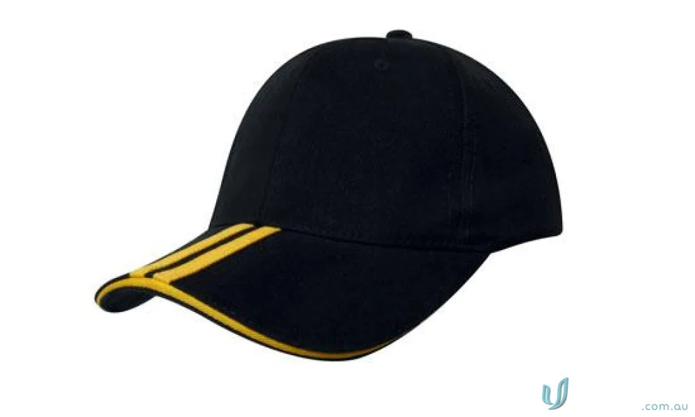 Black baseball cap with two striped peak and yellow striped peak details