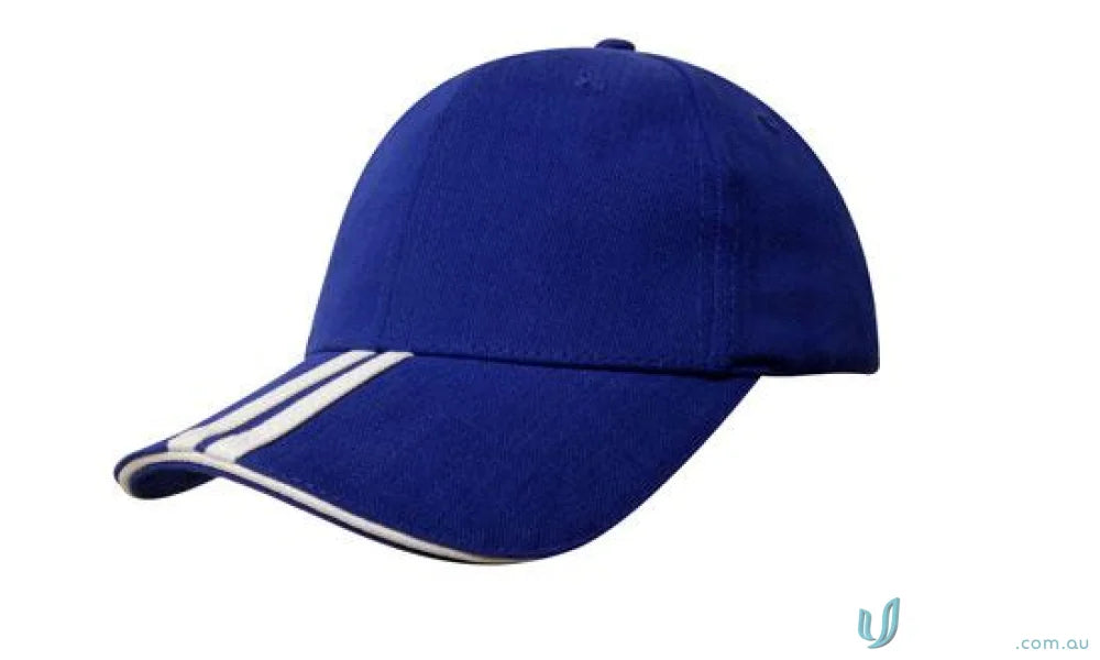 Blue baseball cap with white stripes on the brim from Two Striped Peak and Sandwich Cap