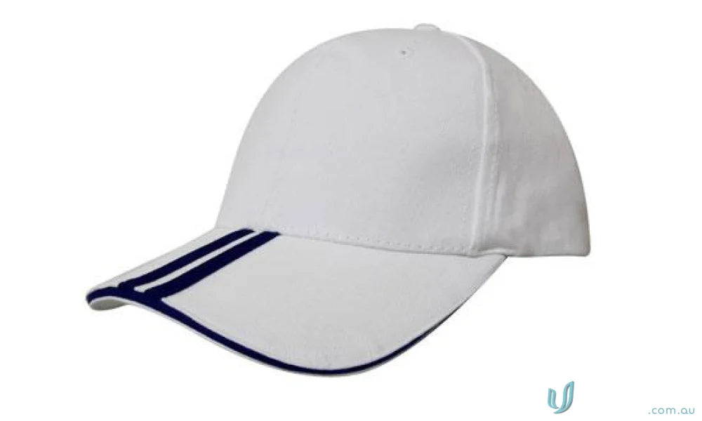 White Two Striped Peak and Sandwich Cap with dark blue striped peak for style