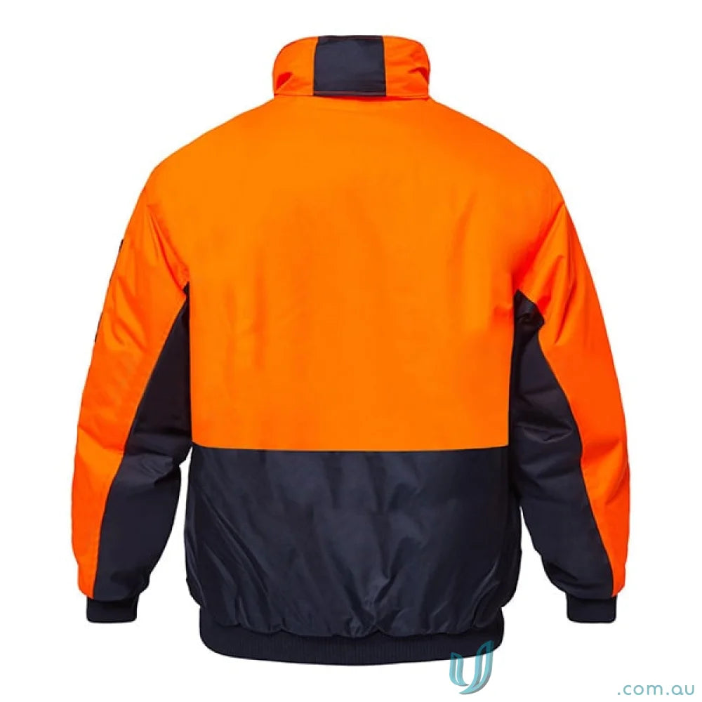 Orange and navy blue two tone modern bomber jacket with hand warmer pockets for reliable winter uniforms