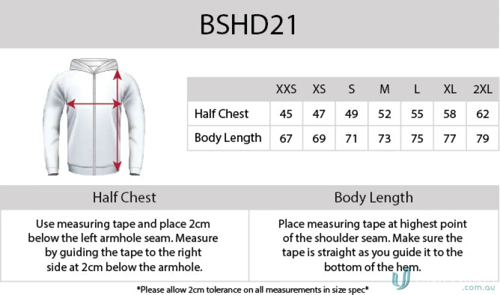 Clothing size chart for Ultra Light Zip Adult Hoodie with cooldry moisture technology