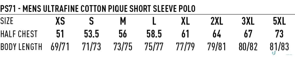 Men’s polo shirt size chart for PS71 Ultrafine Cotton and Cotton Pique Short Sleeve Polo