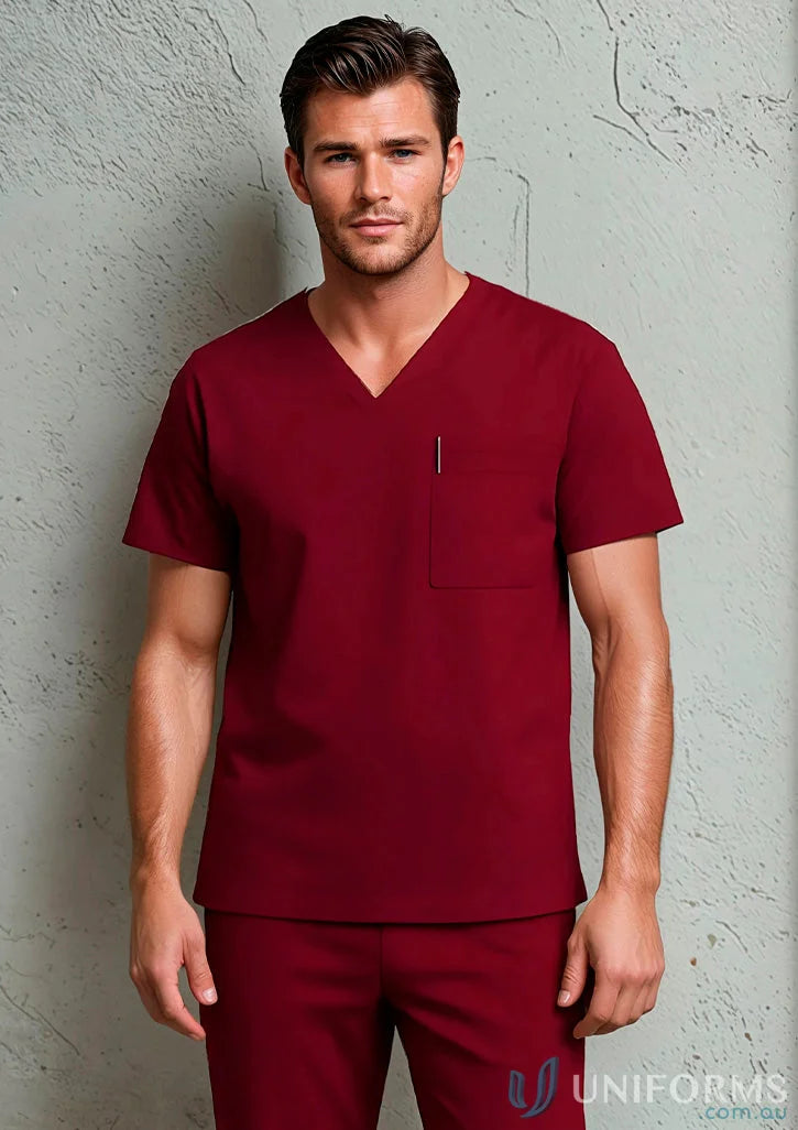 Maroon unisex scrub set with chest pocket and built-in pencil holder perfect for medical professionals