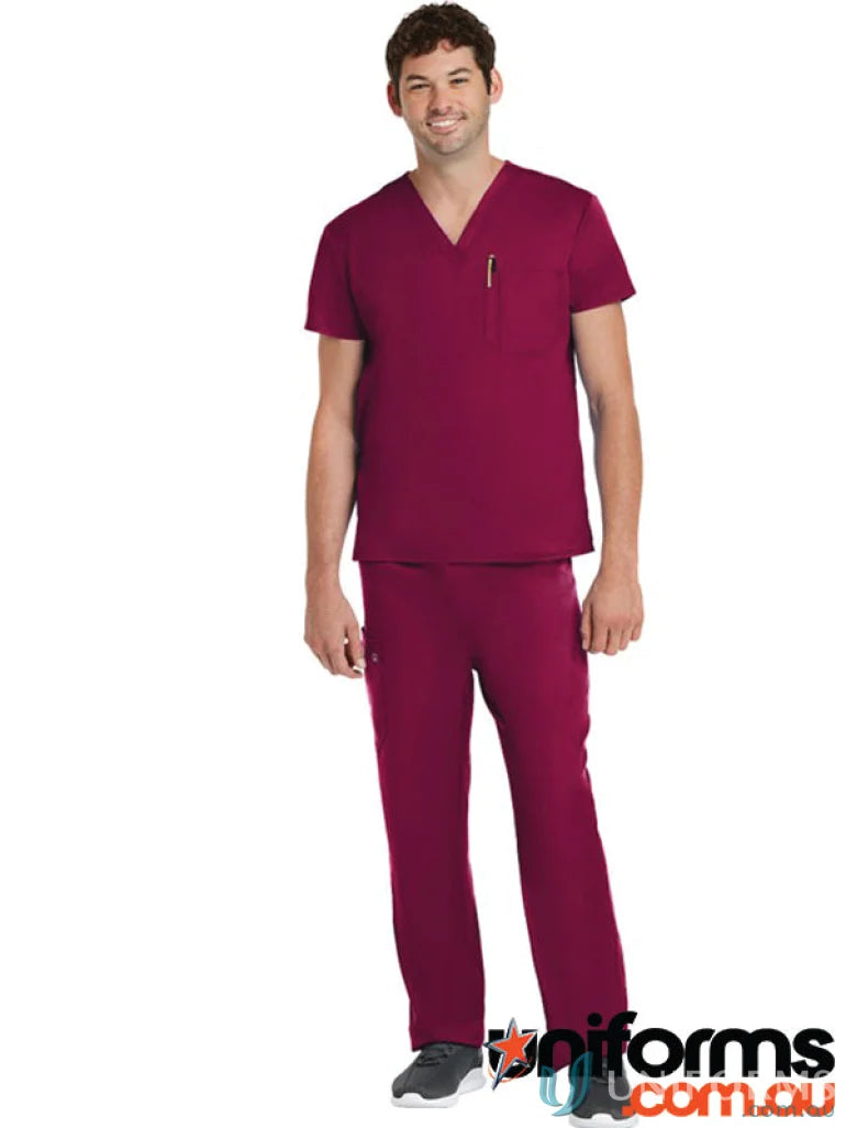 Maroon unisex scrub set with chest pocket and built-in pencil holder for medical professionals