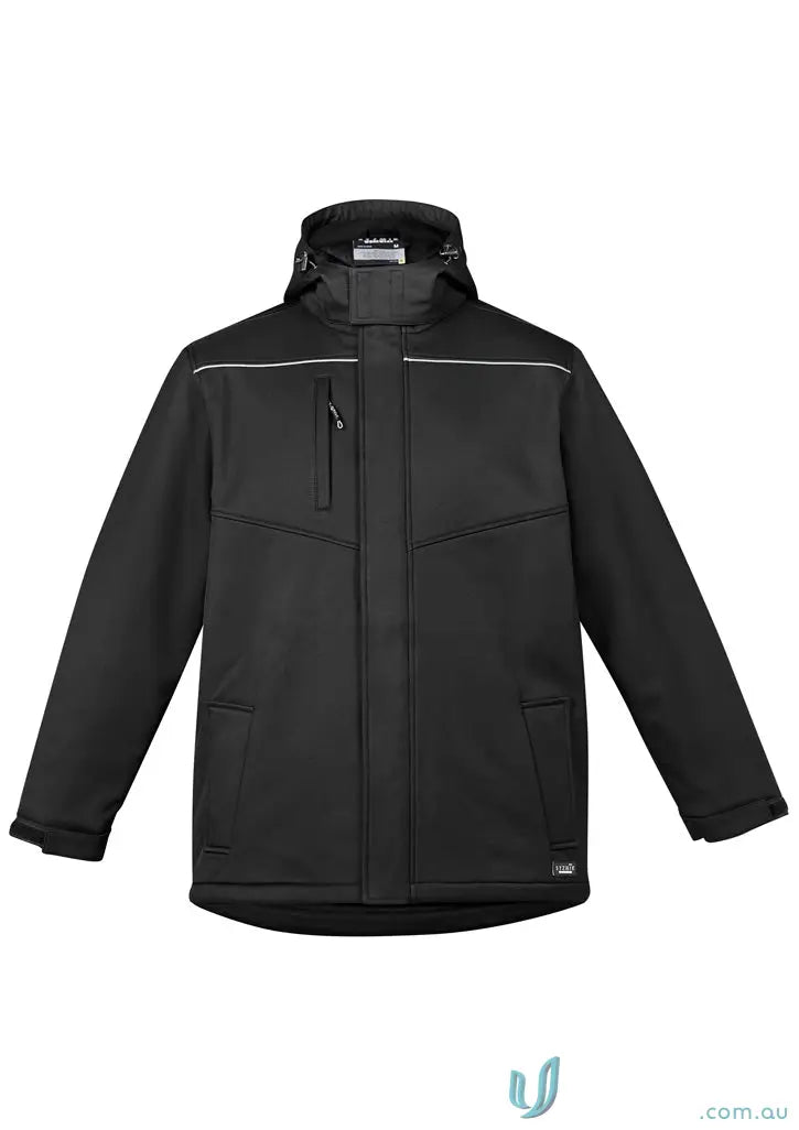 Black hooded unisex Antarctic Softshell Jacket with storm flap for cold weather warmth