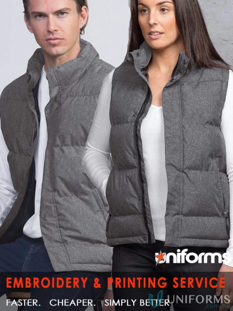 Gray basin puffa vest with zippered internal storage and poly-fill padding
