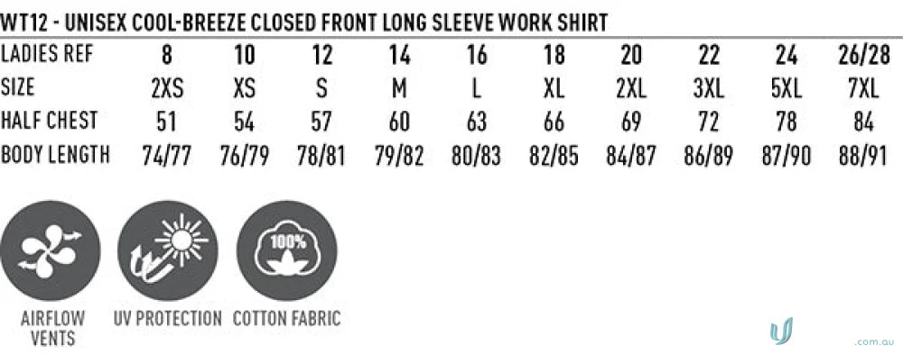 Sizing chart for unisex cool breeze closed front long sleeve work shirt by Winning Spirit Unisex