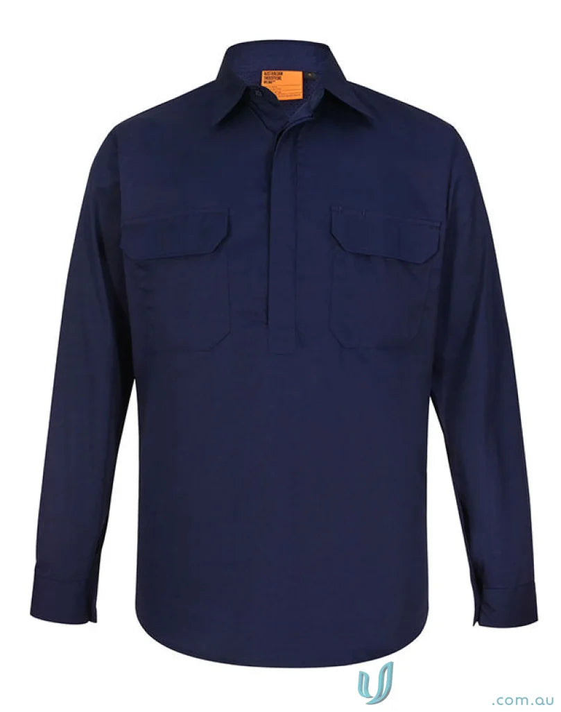 Navy blue unisex cool breeze closed front long-sleeved work shirt for tech-savvy workers