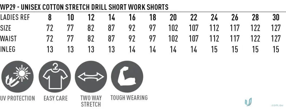 Unisex Cotton Stretch Cuffed Short size chart and care tips for cotton stretch drill fabric