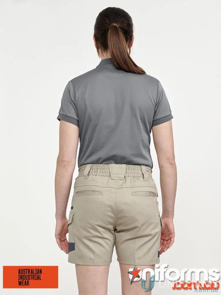 Woman in gray shirt and khaki shorts wearing Unisex Cotton Stretch Cuffed Short