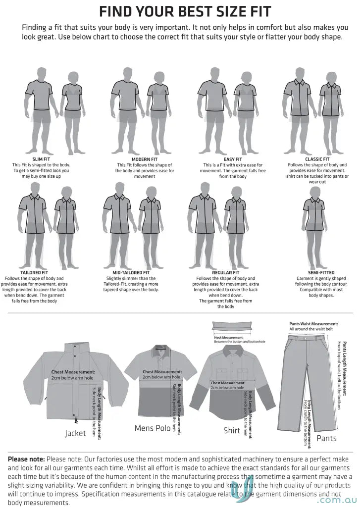 Clothing fit guide for Unisex Cotton Stretch Drill Cuffed Work Pants WP28HV