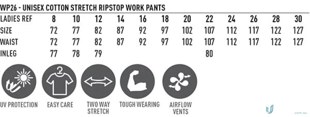 Work pants sizing chart for WP26HV Unisex Cotton Stretch Rip Stop Work Pants