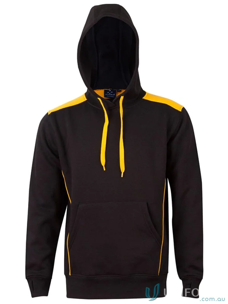 Black and gold hooded sweatshirt shown in Unisex Croxton Hoodie, perfect for all sizes