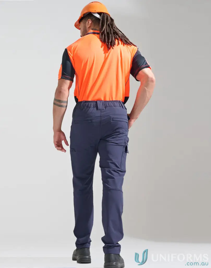 Men’s orange safety shirt with navy water repellent flexi work pants for durability