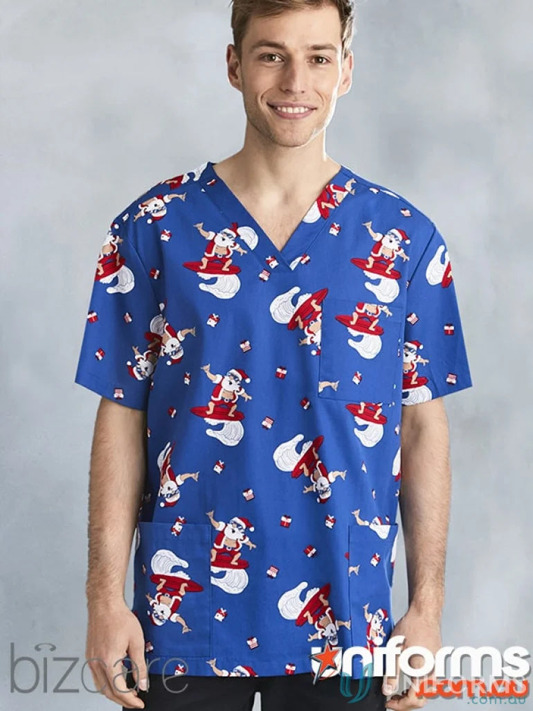Unisex Electric Blue Christmas Scrub Top featuring Santa Claus pattern perfect for men’s scrub and biz care, 5XL unisex size