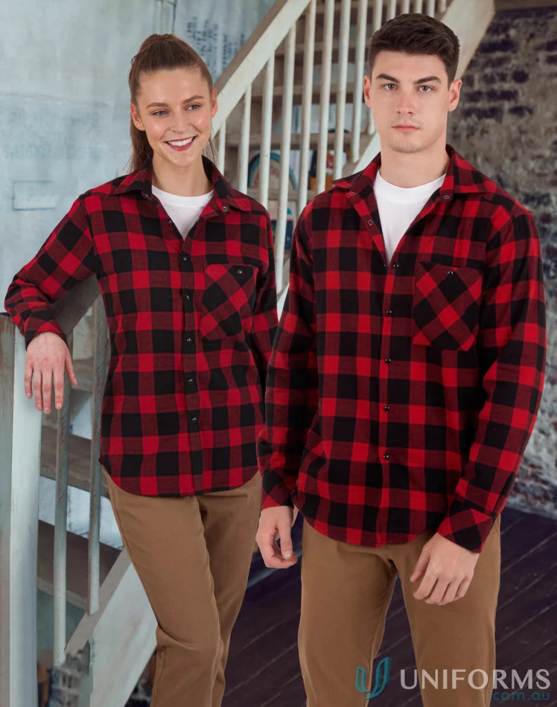 Matching red and black plaid LS shirt, unisex flannel with snap button closure
