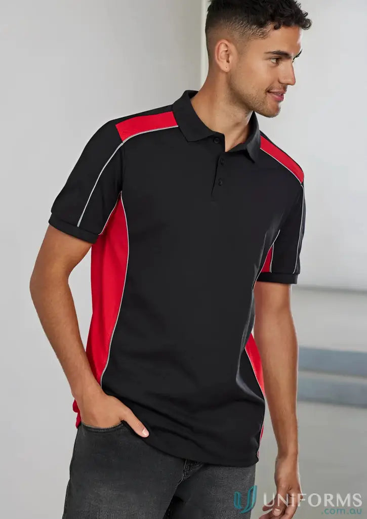 Black and red grid polo p413us made with recycled polyester biz collection, all-day comfort pique knit
