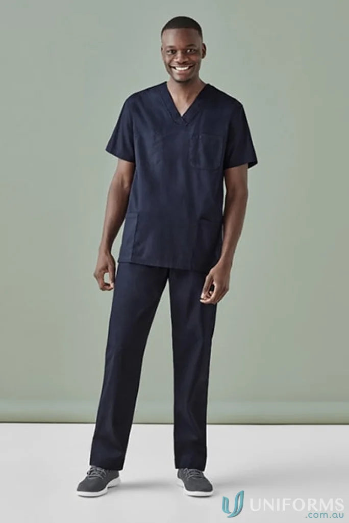 Navy blue unisex Hartwell Reversible Scrub Top, ideal men’s scrub tops look