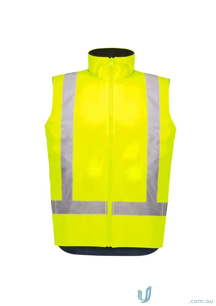 Bright yellow high visibility waterproof reversible vest with reflective stripes for safety