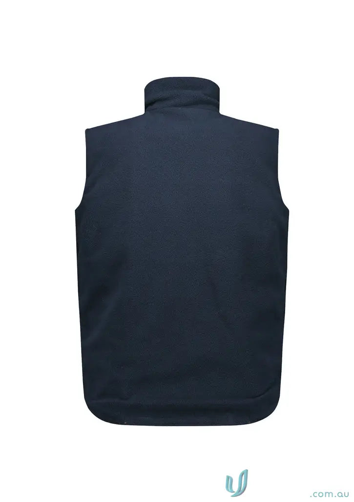 Dark navy blue sleeveless waterproof reversible vest with high visibility and high collar