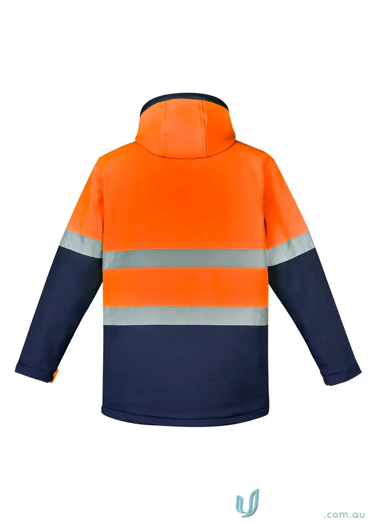 Orange and navy Blue Unisex HiVis Antarctic Softshell Jacket with fleece-lined hand warmer