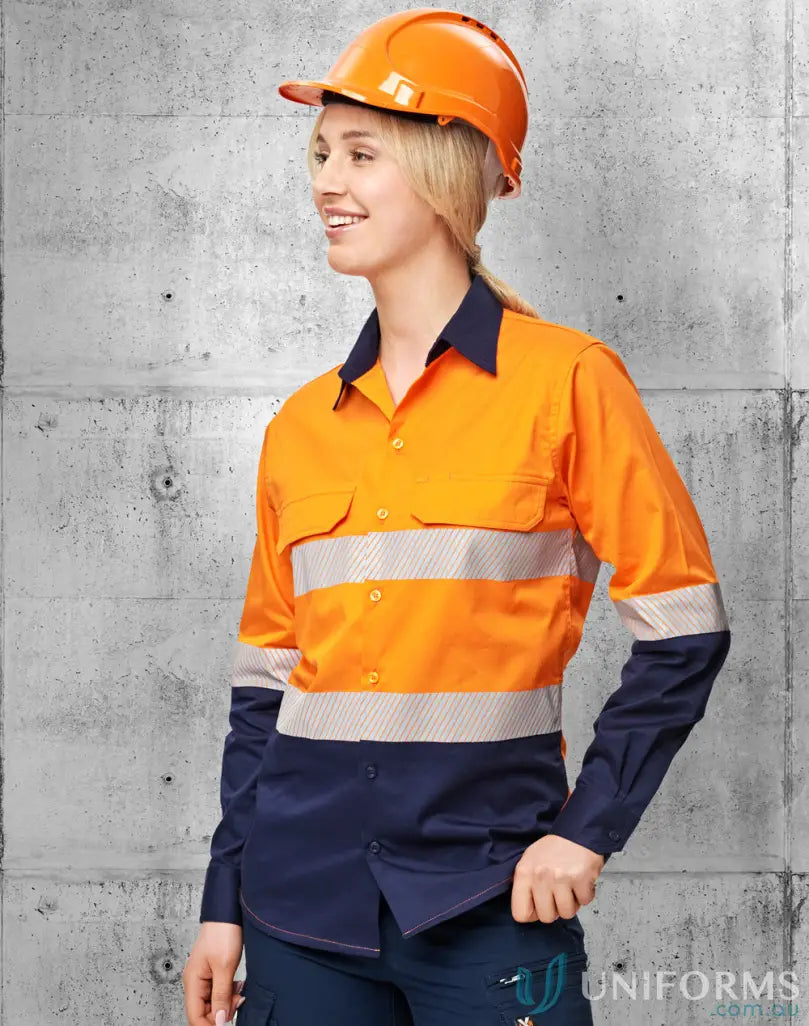 Woman modeling Unisex HiVis Breeze Segmented Tape Shirt with reflective strips for sw83 hi-vis work and cool-breeze safety