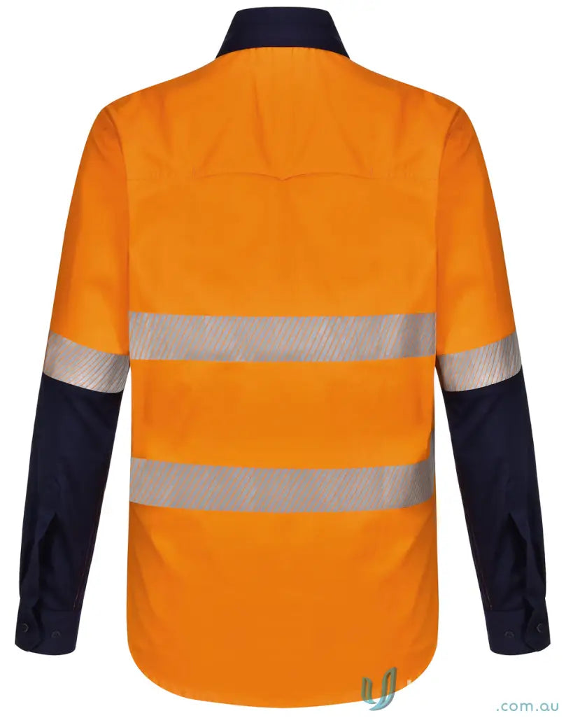 Orange and navy blue sw83 hi-vis work shirt with reflective segmented tape for cool-breeze safety
