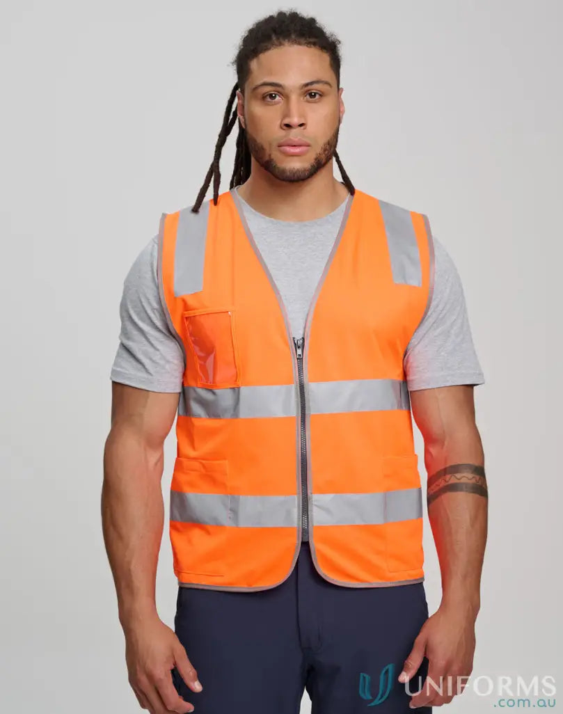 Orange sw04 hi-vis safety vest with reflective stripes and utility pockets for winning spirit unisex