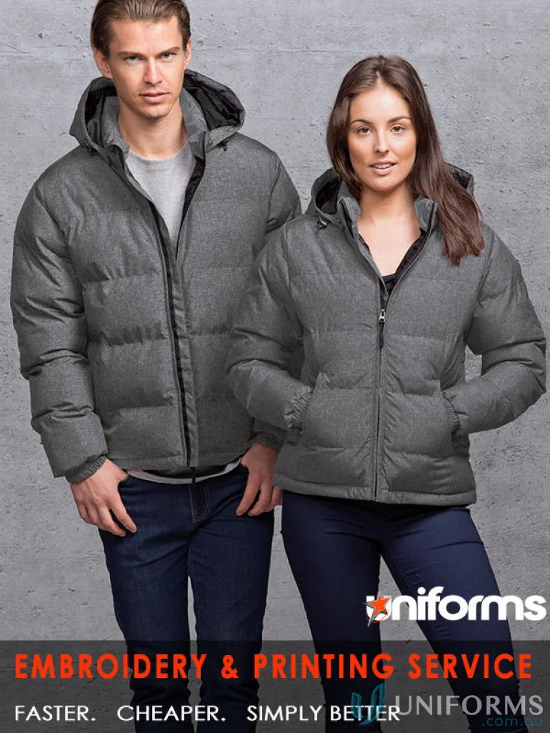 Gray hooded puffer jacket with blind zippered front, ideal for workwear and uniforms