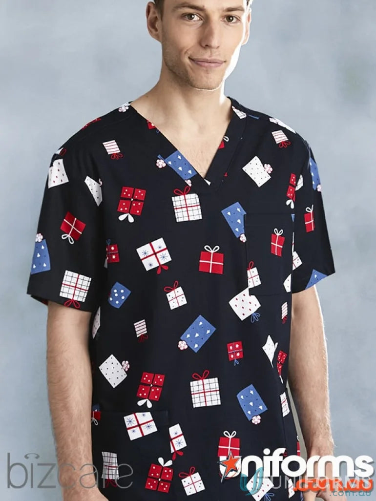 Festive gift-patterned men’s scrub top from Biz Care, 5XL unisex Navy Christmas Scrub Top