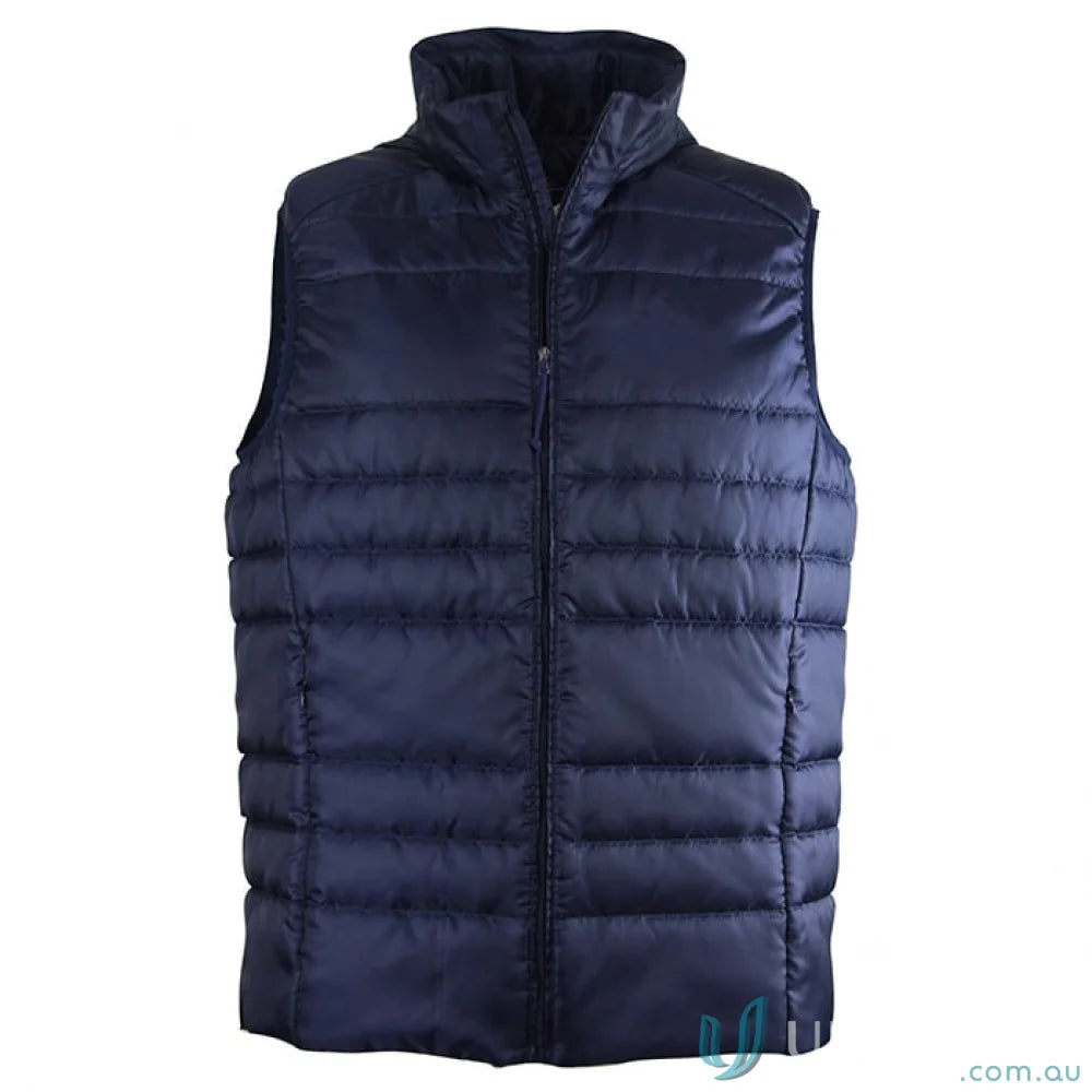 Dark blue unisex Packlite vest with concealed hood, ripstop fabric, and high collar
