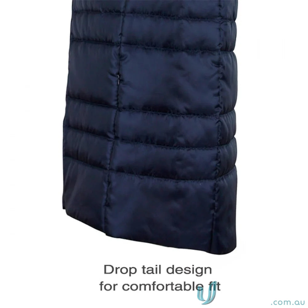 Dark blue unisex Packlite vest with ripstop fabric, concealed hood, and drop tail design
