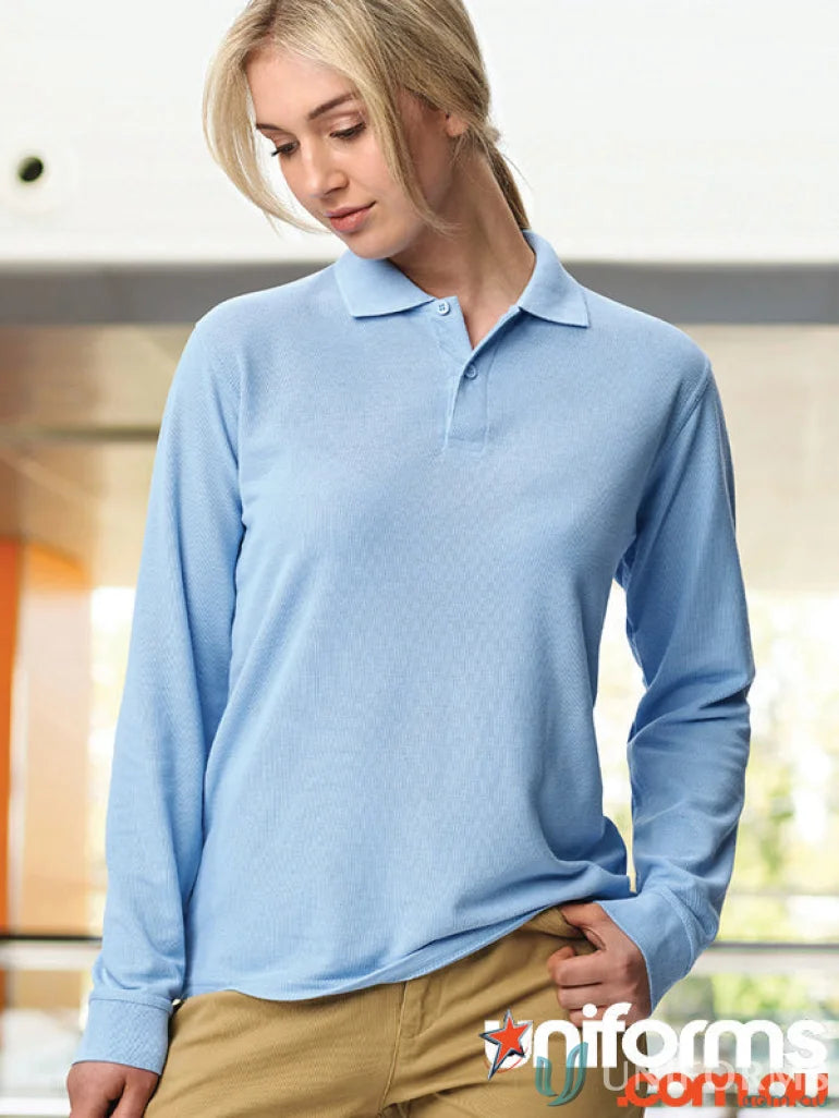 Light blue unisex long sleeve polo shirt made of traditional poly cotton for everyday wear