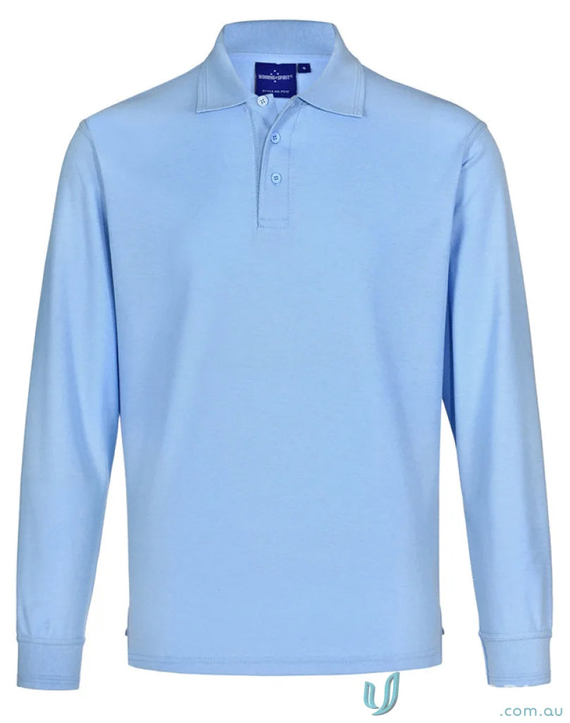 Light blue unisex traditional poly long sleeve polo shirt from Unisex Pique LS Polo collection