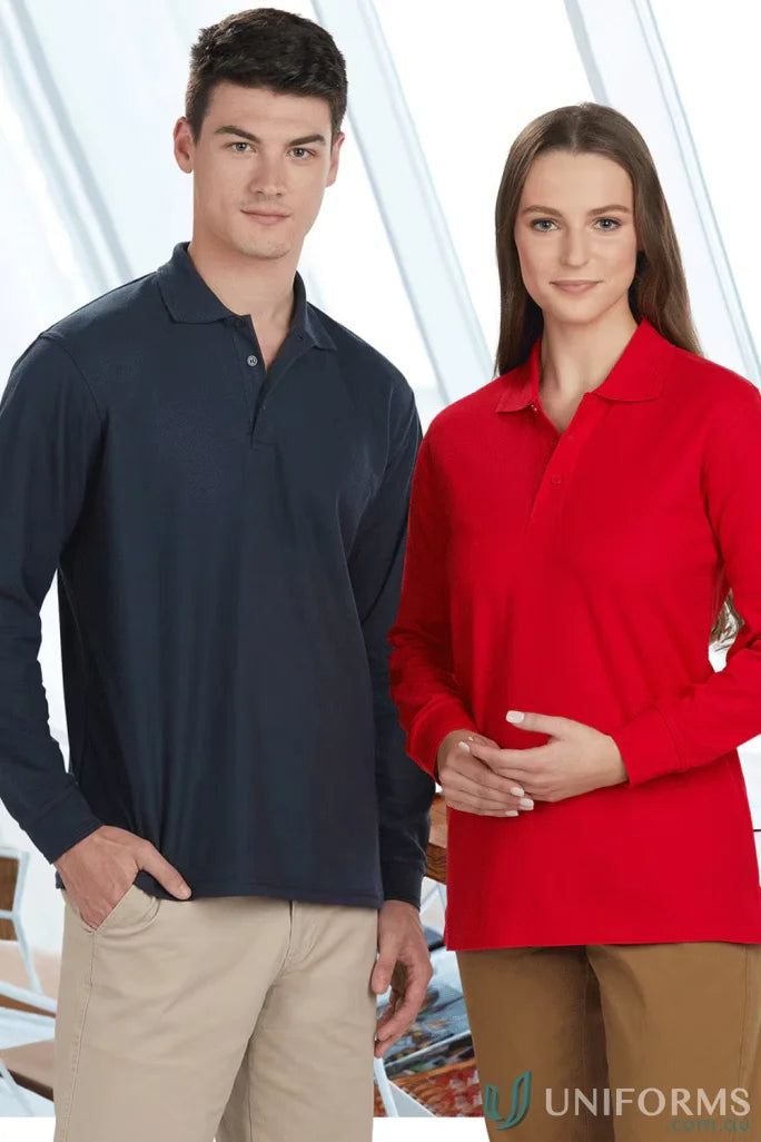Two people wearing stylish unisex traditional poly long sleeve polo shirts