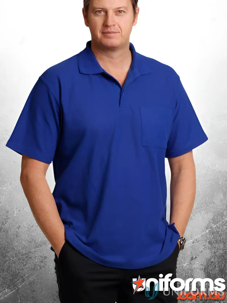 Blue short-sleeved polo shirt from Winning Spirit Unisex PS41 Pocket Polo with taped neck seam