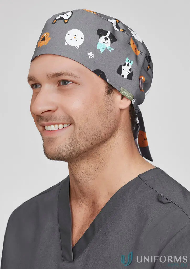 Gray unisex printed scrub cap with dog pattern adds personality to your medical scrubs