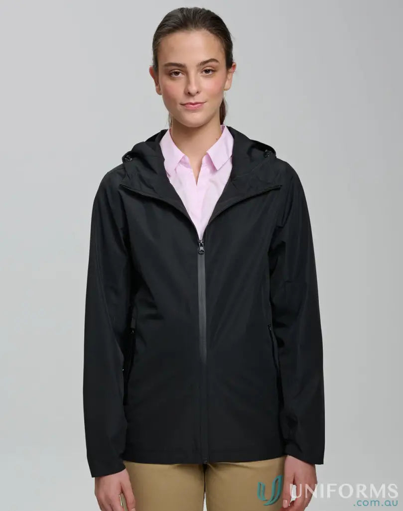 Black hooded rain jacket from JK66 Unisex Pro Performance Waterproof collection, stay dry