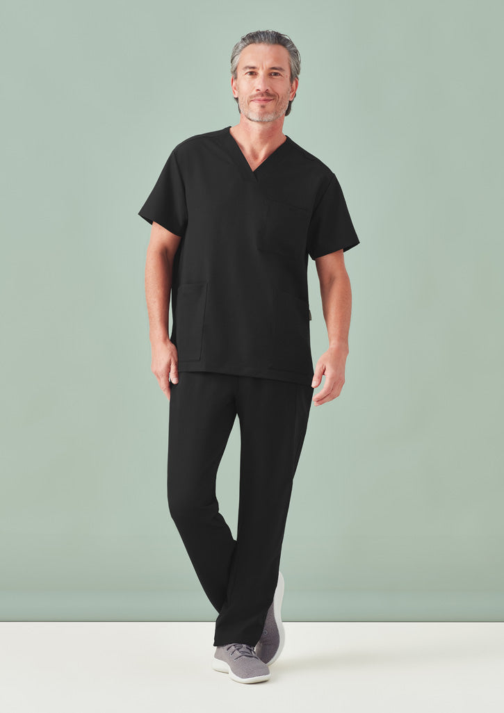 Black v-neck scrub top with short sleeves on unisex Pulse straight leg scrub pant